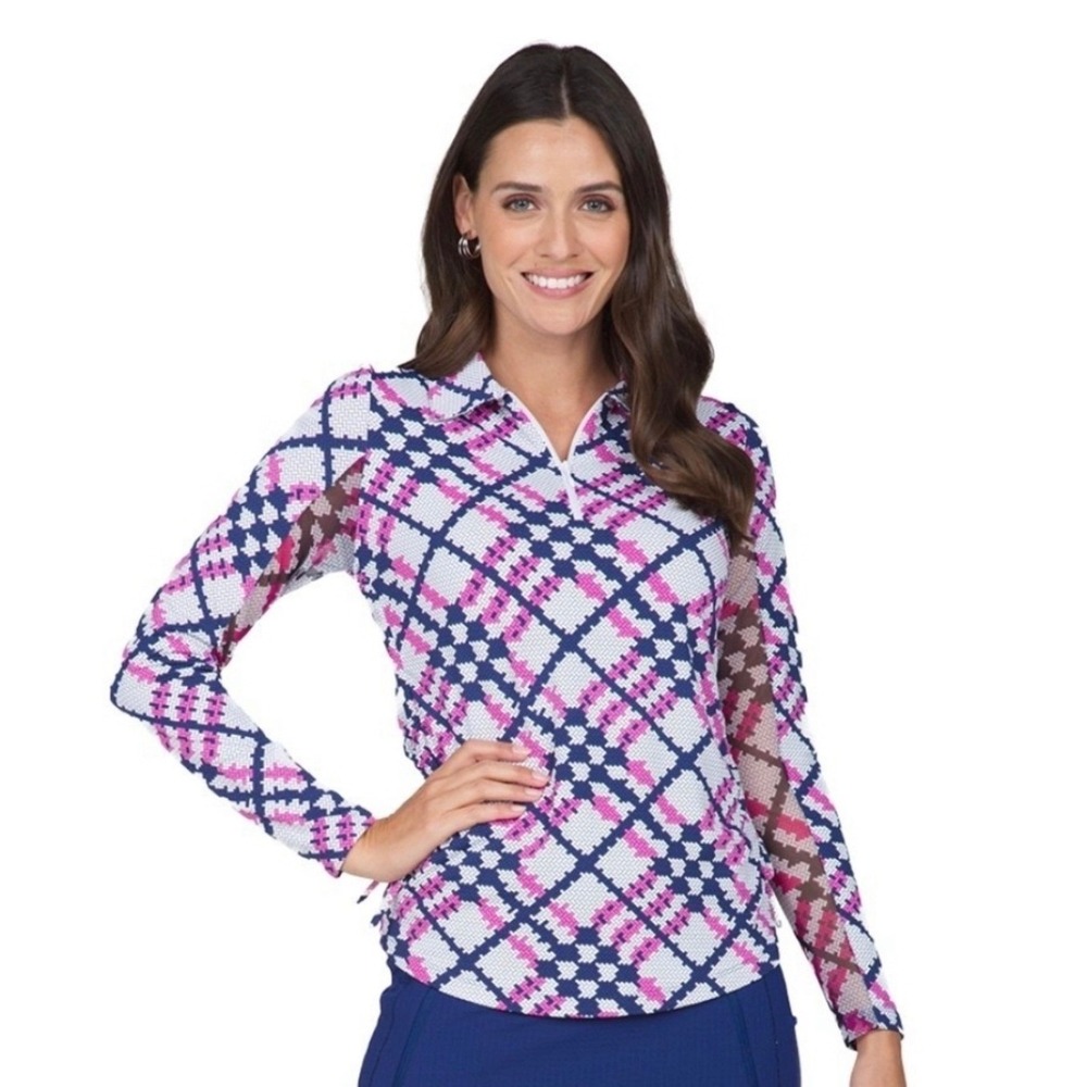 IBKUL XXL UPF 50+ Cooling Golf Top Pink Navy Plaid Long Sleeve Quarter Zip